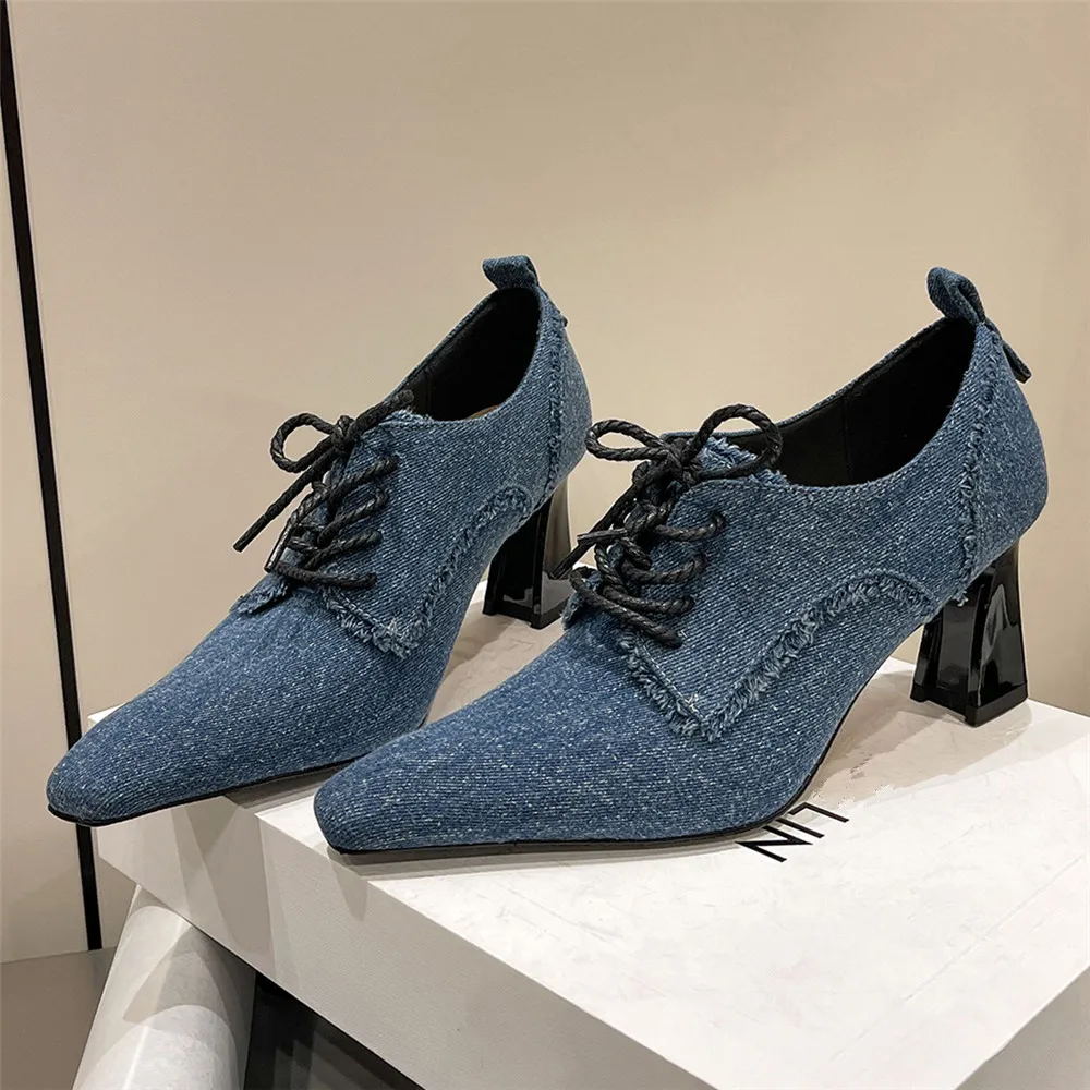 MILI-MIYA mode pointu Parker femmes denim pompes à lacets optique talons grande taille 34-40 solide document décontracté chaussures de rue pour dames