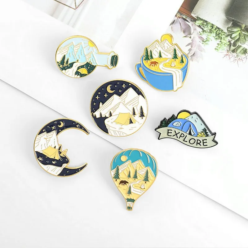 Pins Custom Outdoors Explore Natural Scenery Brooch Lapel Badge Bag Cartoon Jewelry Gift for Kid Friend Camping Adventure Enamel