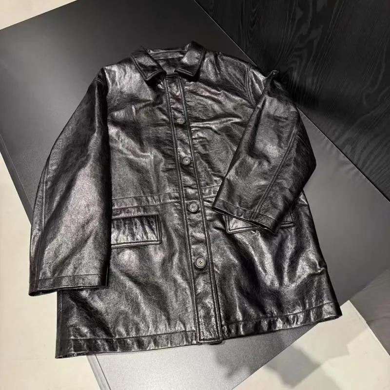 Weicher Mantel aus Ölwachsleder für Frühling, normale Länge, Umlegekragen, einreihig, hohe Qualität