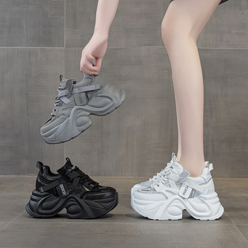 

Womens Rhinestone Mesh Platform Chunky Sneakers Hidden Heel Lift Casual Dad Shoes In Black White Grey For Daily Street Style