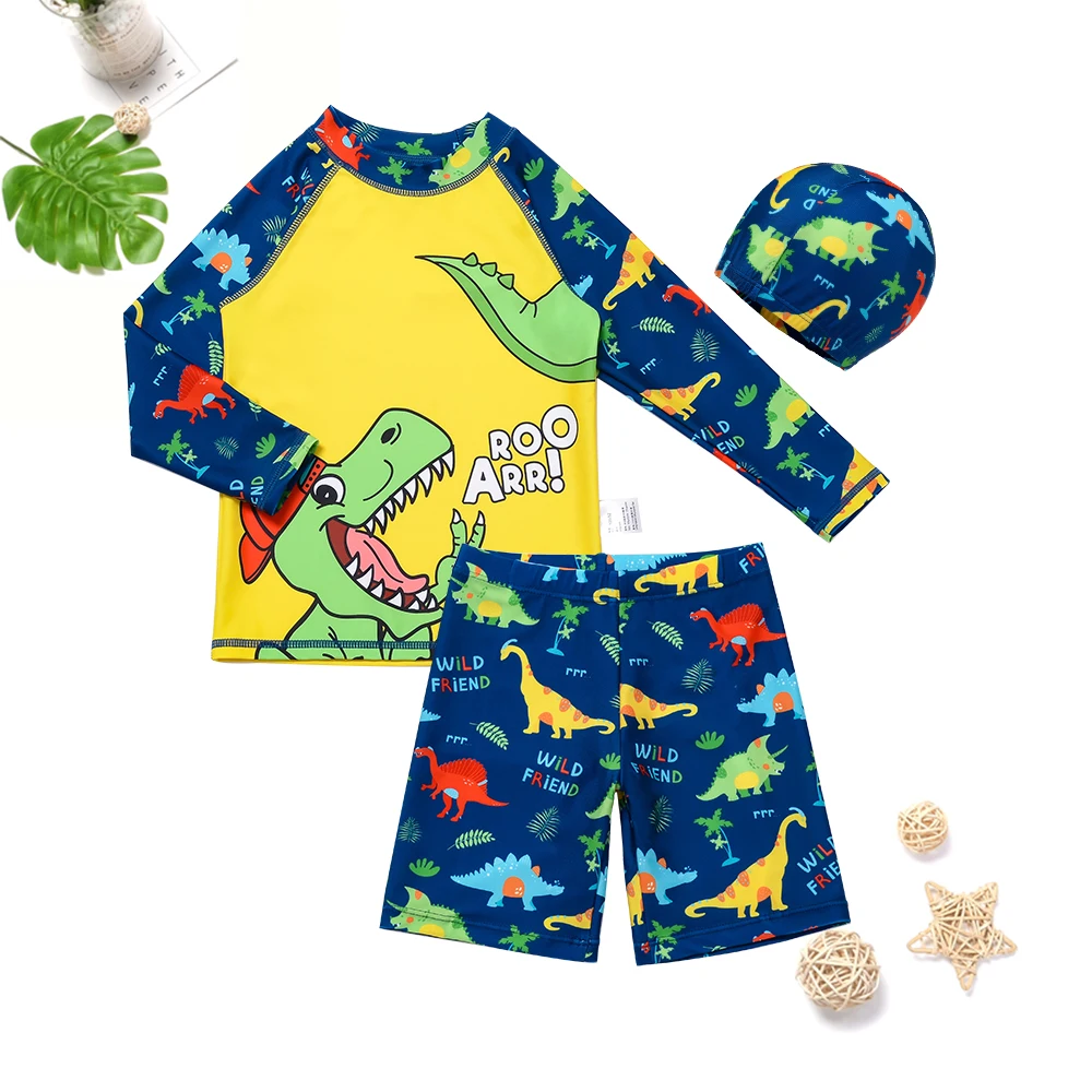 

Лето 2023, новый комплект купальников с разрезом для мальчиков, комплект из трех предметов с принтом динозавра, защита от солнца для серфинга, быстросохнущий купальник для детей