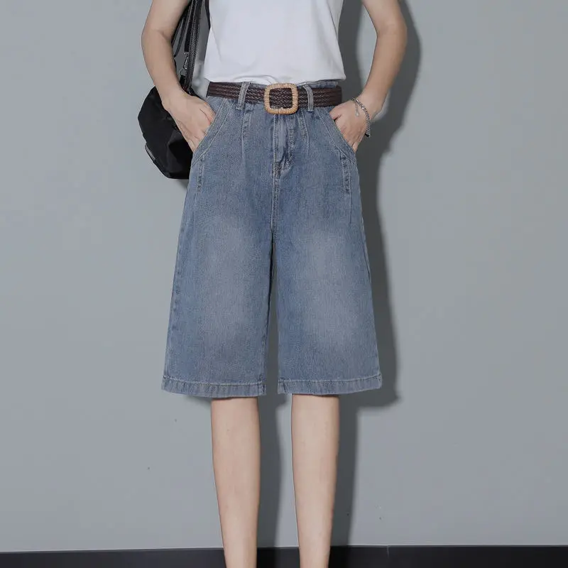

Summer Style Seven-point Wide-leg Jeans Women Loose Casual High-waist Pants for Women Slim Breeches Mid-pants Versatile Fat Mm