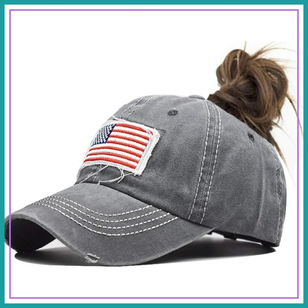 

Distressed Ponytail Hat for Women American-Flag Pony Tail Caps High Bun