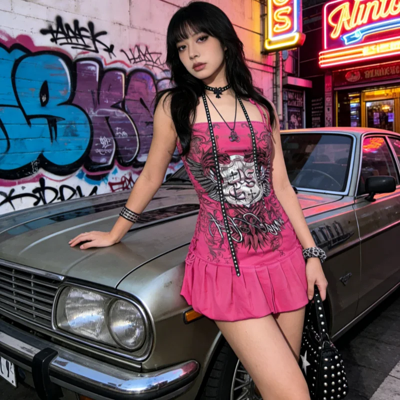 Women s 2026 European American Cross Border Slim Fit Printed Camisole Dress Retro Punk Spicy Girl Fashion Versatile Daily Party