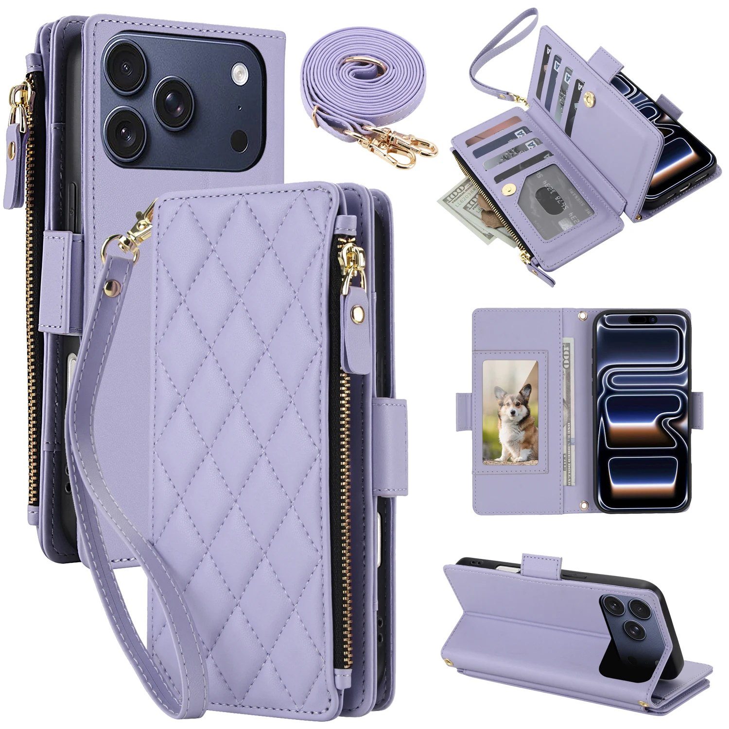 

Crossbody Wallet Zipper Card Slot stand Magnetic Leather Phone Case For iPhone 17E 16E Air 17 Pro Max 16 15 Plus 14 13 12 11