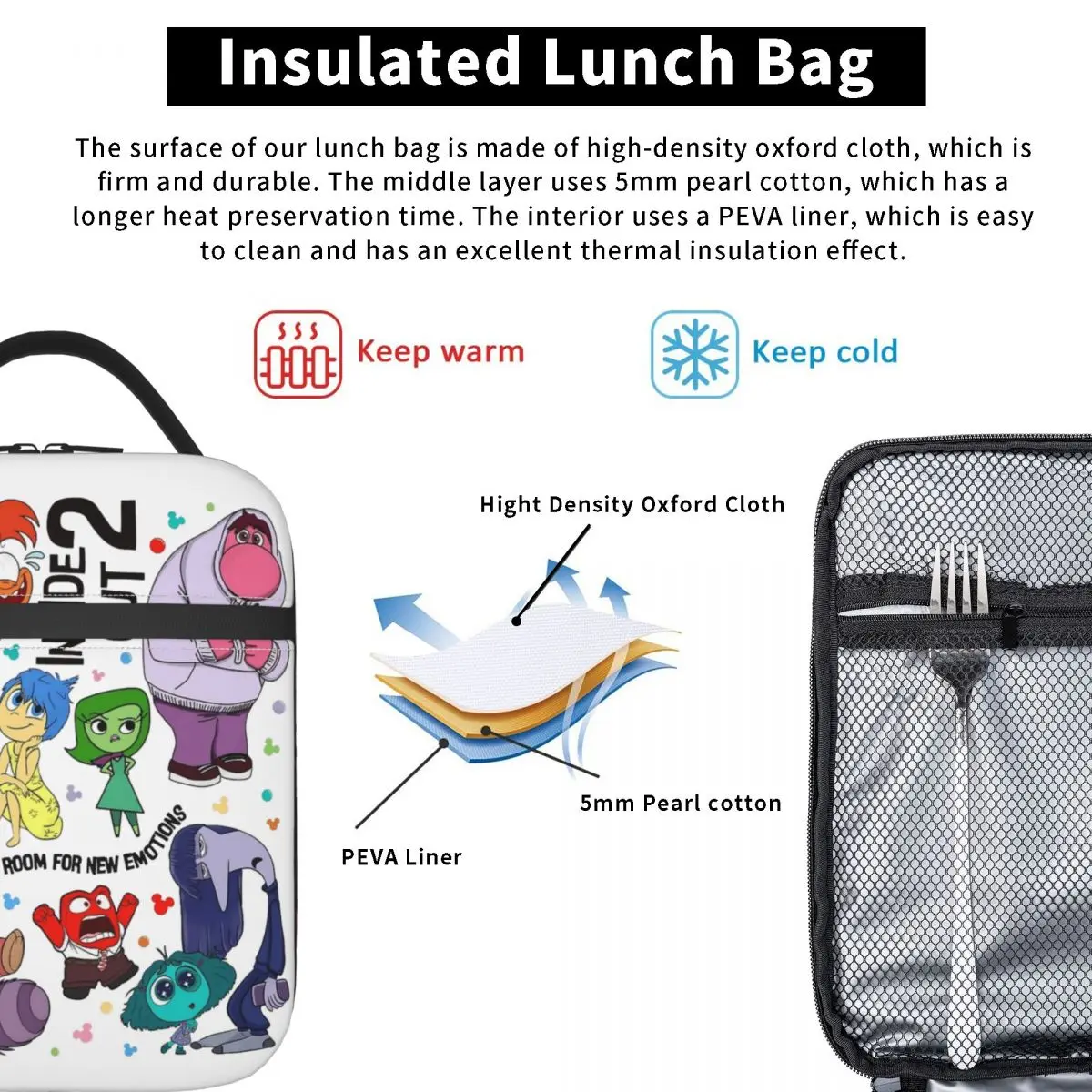 Anime Inside Out 2 Movie 2024 Insulated Lunch Bags Food Bag Reusable Cooler Thermal Lunch Boxes For School Office