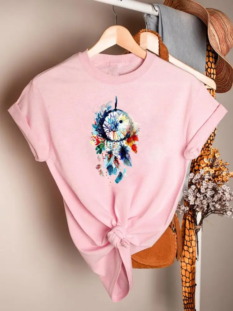 

Watercolor Dream Web Feather Tee Women Printed Short Sleeve Clothing Casual Summer T Fashion Female Clothes Graphic T-shirts