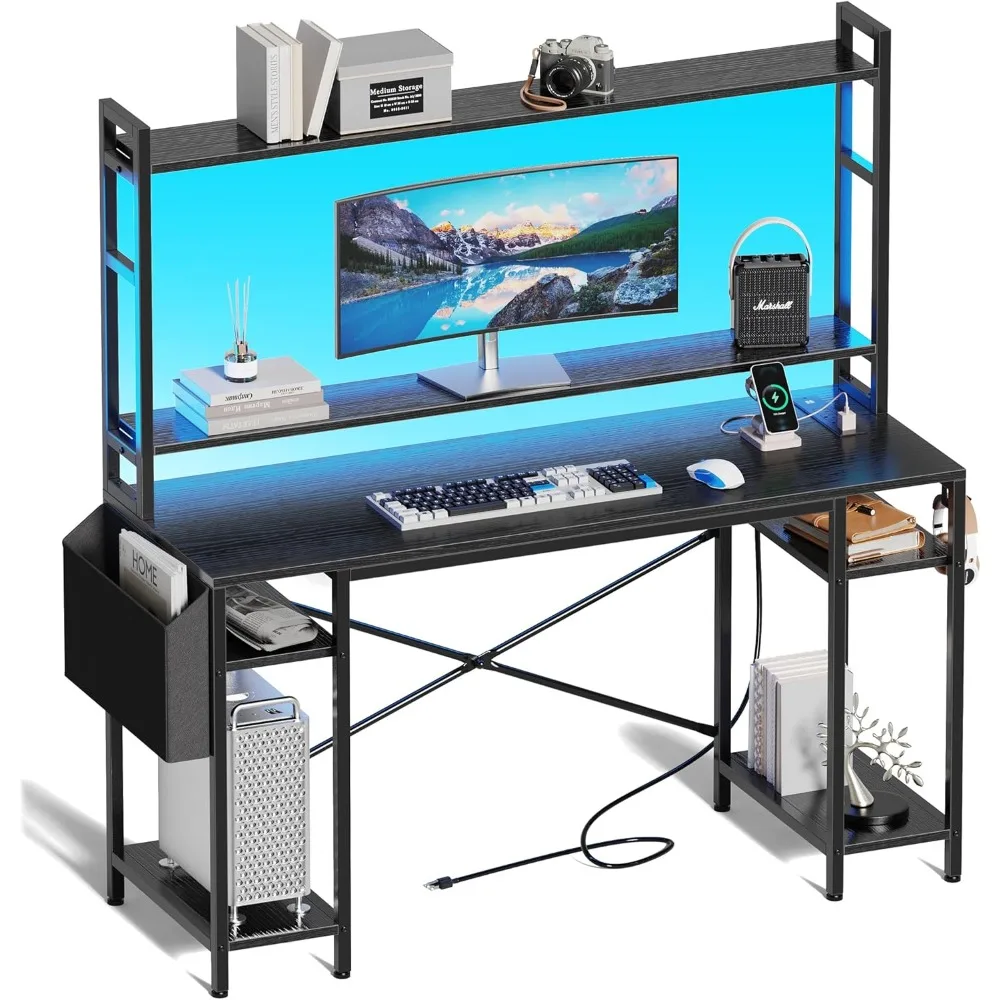 

55 inch Computer Desk with Adjustable Shelves, Gaming Desk with LED Lights & Power Outlets