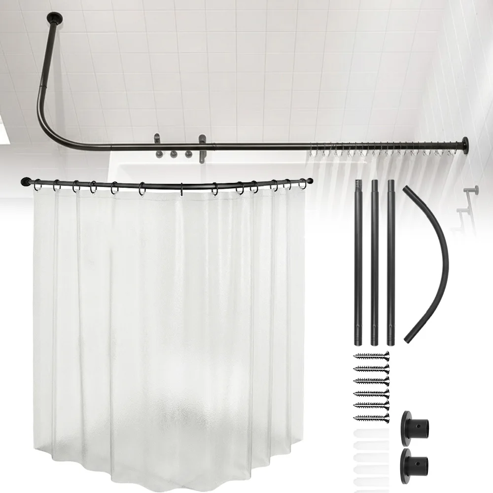 Binario per tenda da doccia a forma di L, binario curvo per tenda da doccia con viti, per bagno e vasche da bagno, richiede foratura, colore nero.