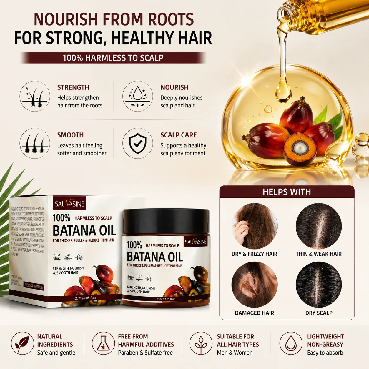 Natural Batana Oil Scalp Care Cream Contains Plant-Derived Batana Oil to Provide Rich Nutrition to the Scalp, Leaving It Full an
