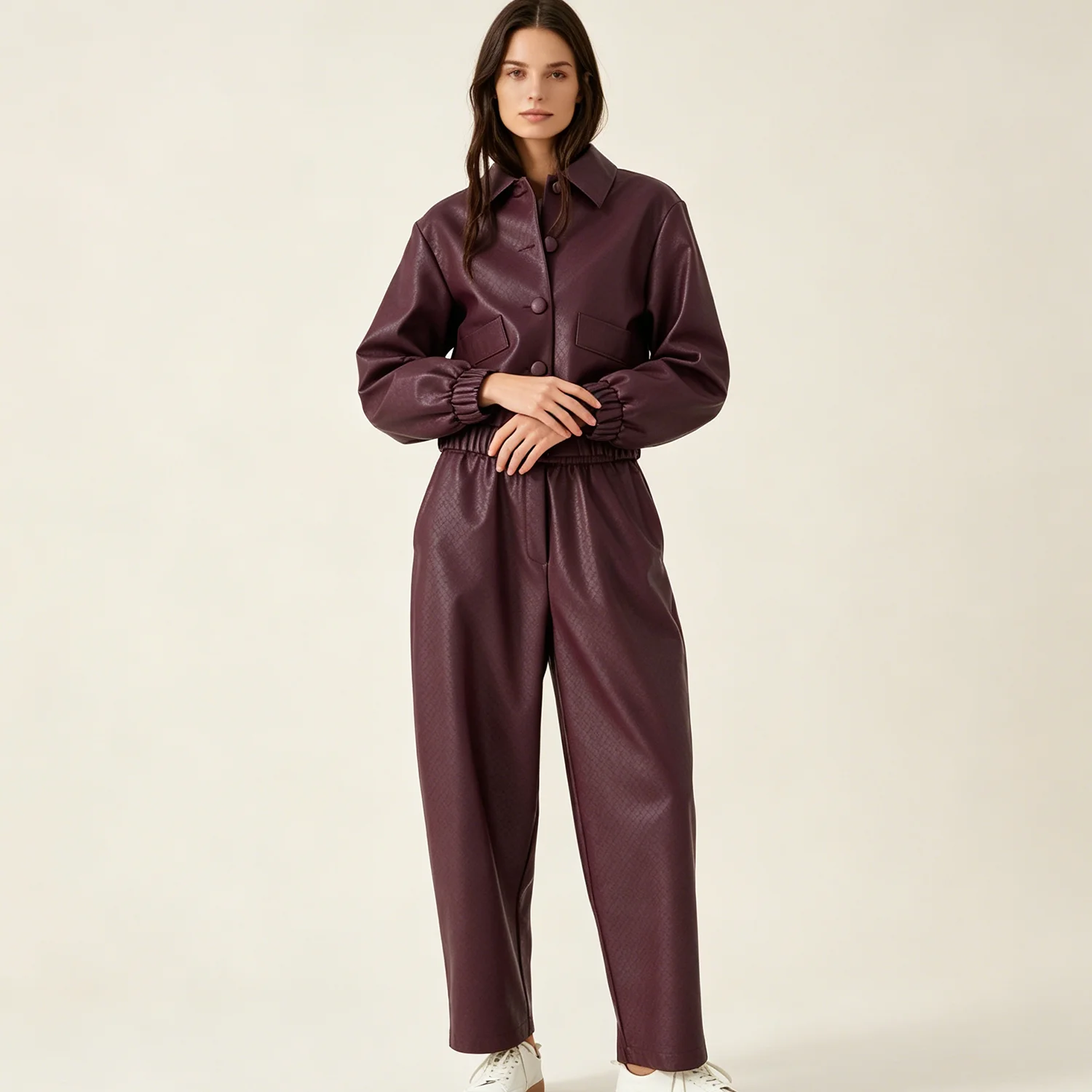 

PUAL Burgundy Faux Leather Two Piece Set, Lapel Button Crop Jacket, Elastic Waist Wide Leg Pants Casual Outfit
