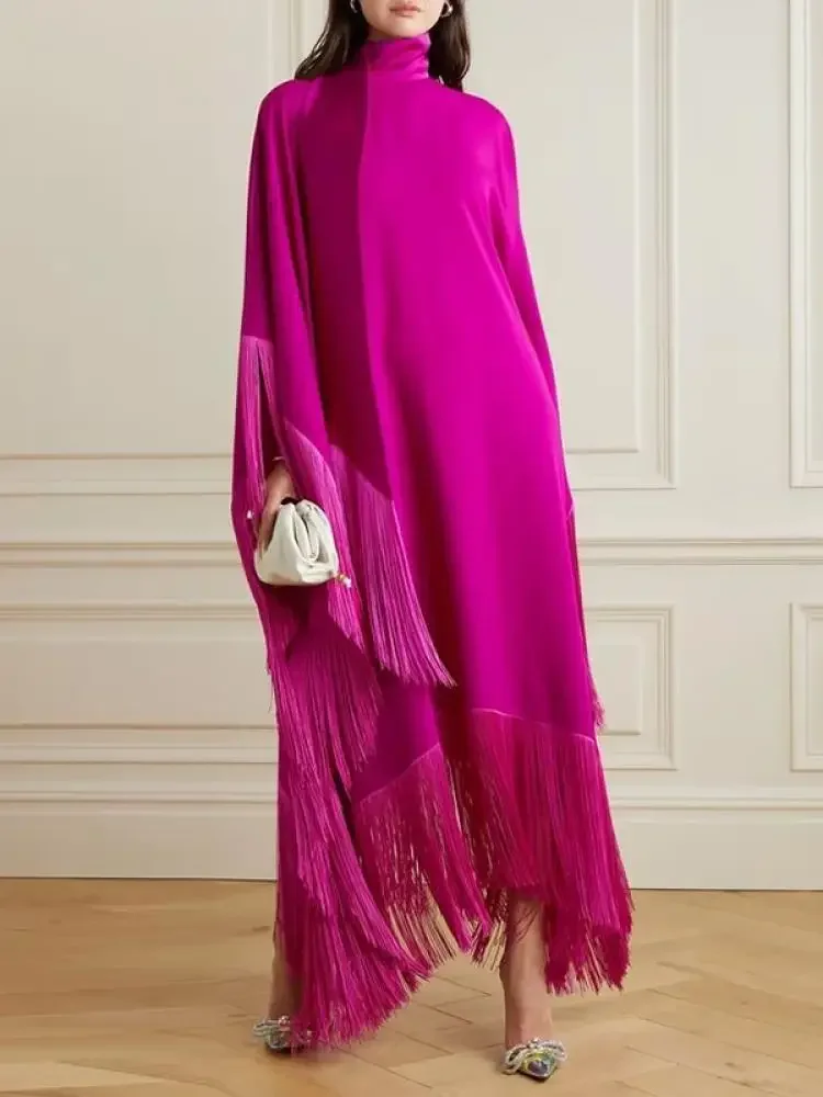 2025 Herfst Nieuwe vrouwen Fringe Jurk Fuchsia Coltrui Batwing Mouwen Losse Maxi Jurk Elegante Avond Party Gown voor Vrouwen