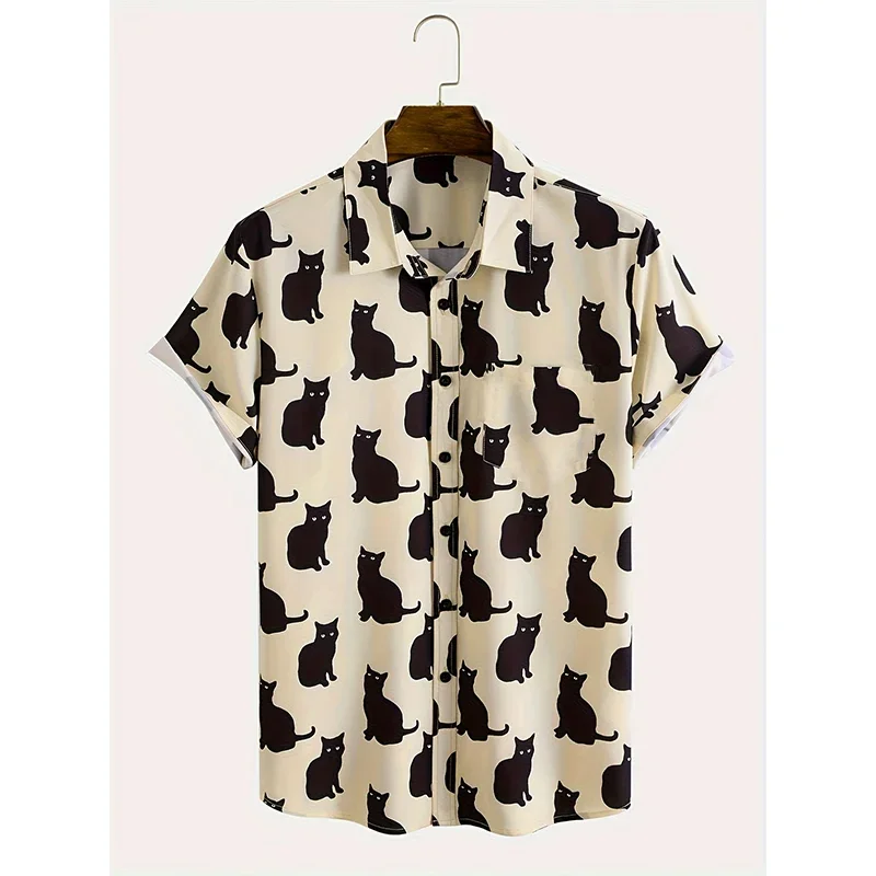 Summer Cute Cat Print Shirt Men's Casual Short Sleeve Hawaiian Casual Button Lapel Shirt For Summer Men Clothing Streetwear