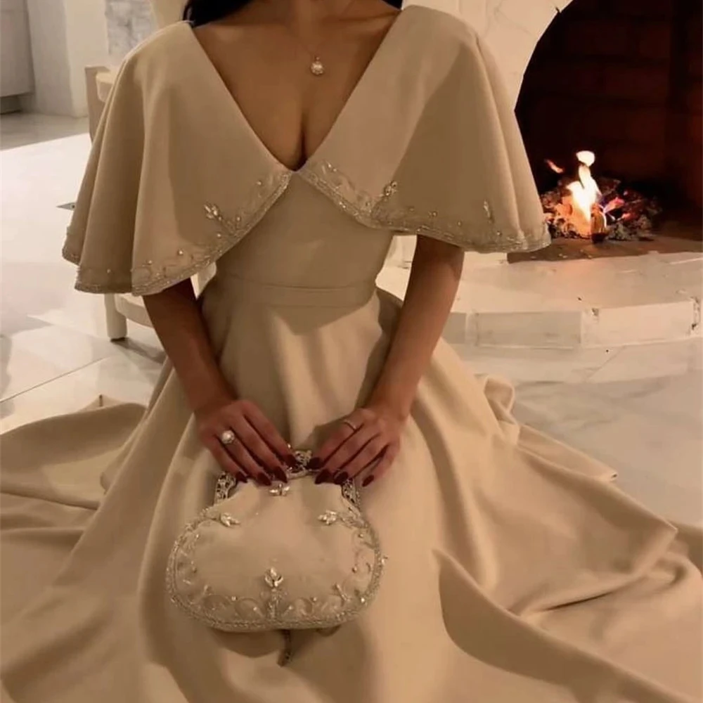 V neck Prom Dress with Sleeve Simple Evening Gowns 2025 Embroidery Jersey Formal Saudi Arabia Women\'s Wedding Party Dress Gown