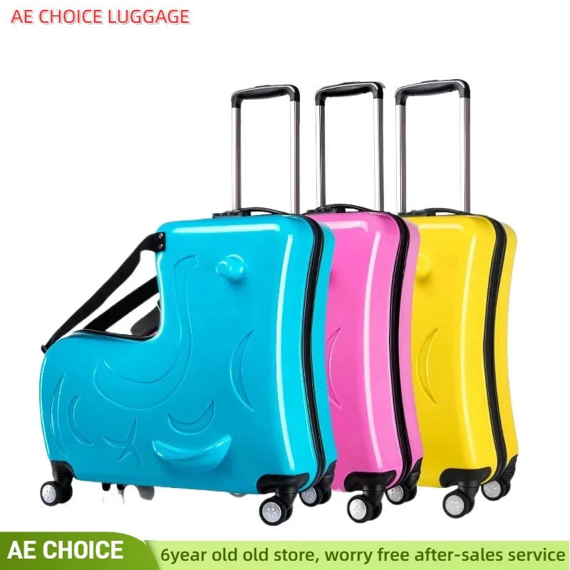 new Kids Riding Trojanl Luggage Hot Boys Girls Travel Trolley Alloy Children Sitting Rolling Luggage Suitcase Spinner Wheels