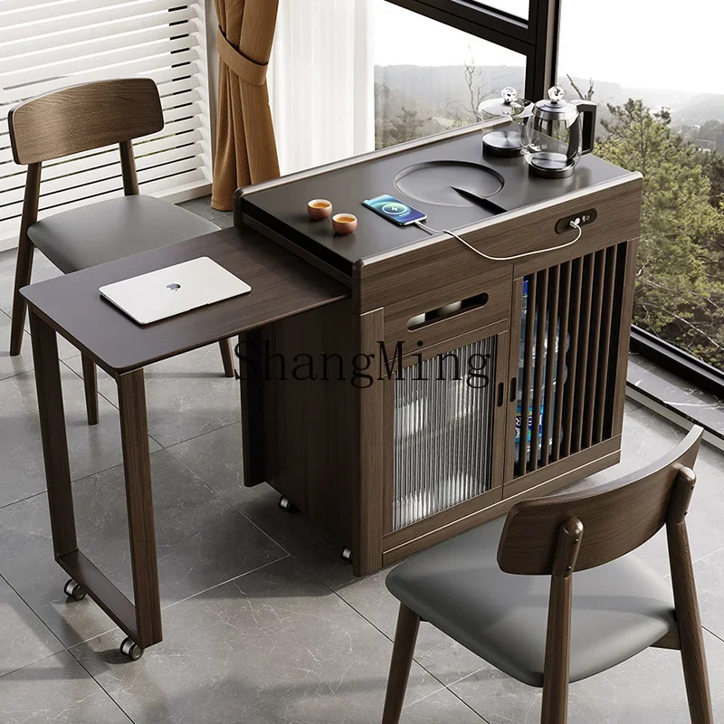 

CL Balcony Tea Table and Chair Set New Chinese Style Solid Wood Movable Extendable Small Apartment Home with Wheels Tea Table