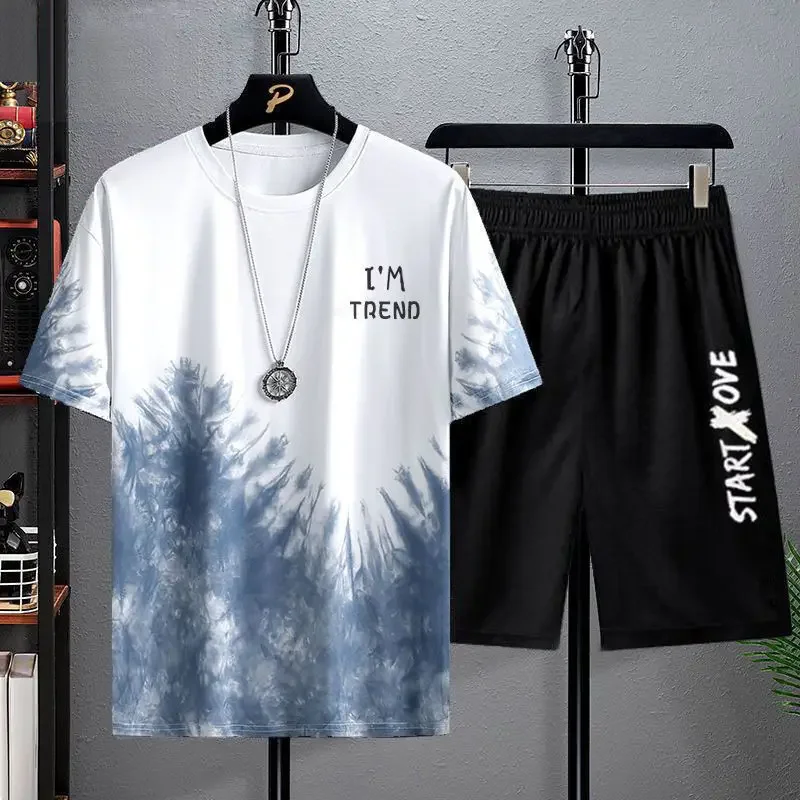 Men's Summer Set Printed Affordable Comfortable Breathable Casual Fashion O-neck Street Trendy Top and Shorts High Quality