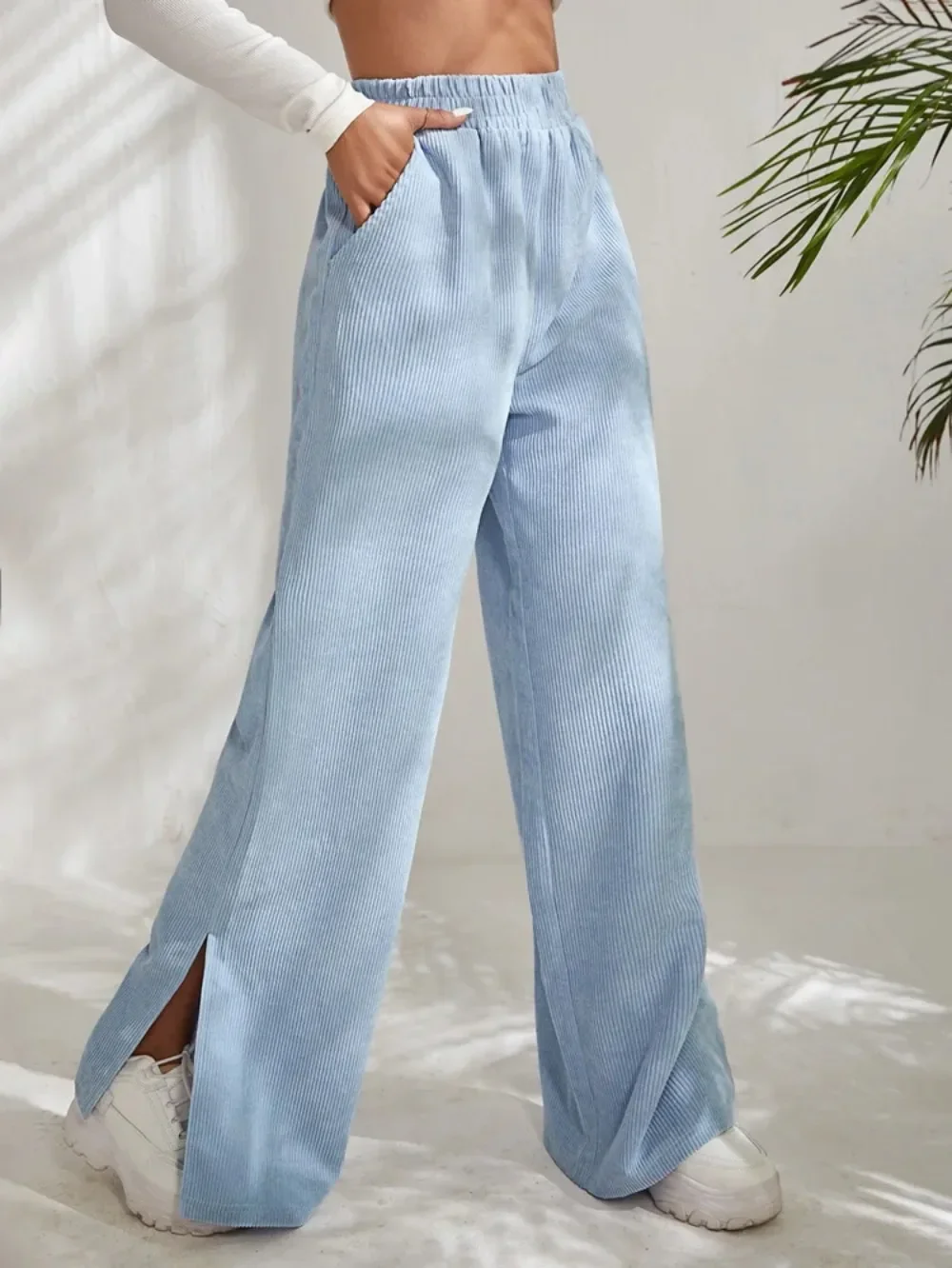 Women Korean Style High Waist Slit Joggers Autumn and Winter Corduroy Women Wide Leg Pants Solid Women Loose Trousers Streetwear