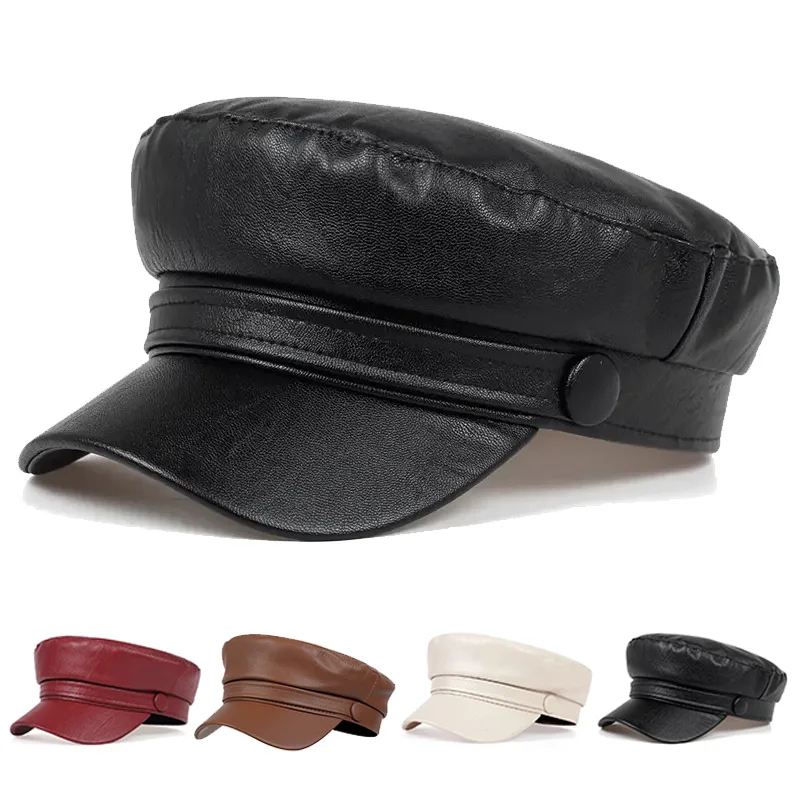 Pu Leathe Solid Color Army Cap Spring and Autumn Outdoor Casual Adult Sun Hats Hip Hop Hat Sunscreen Hat Sports Cap