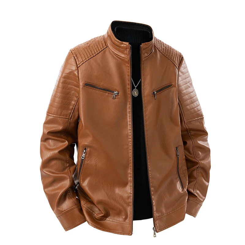 Mens Fashion Leather Coat Autumn Winter Stand Collar Punk Motorcycle PU Leather Jackets High Street Faux Leather Motorbiker Coat