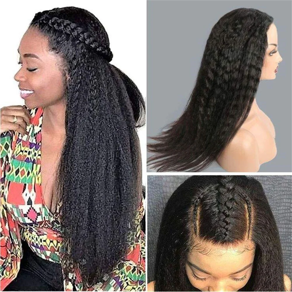 Soft Long 28inch Glueless Kinky Straight Black Yaki Lace Front Wig For Women With BabyHair Preplucked Synthetic Daily Wig