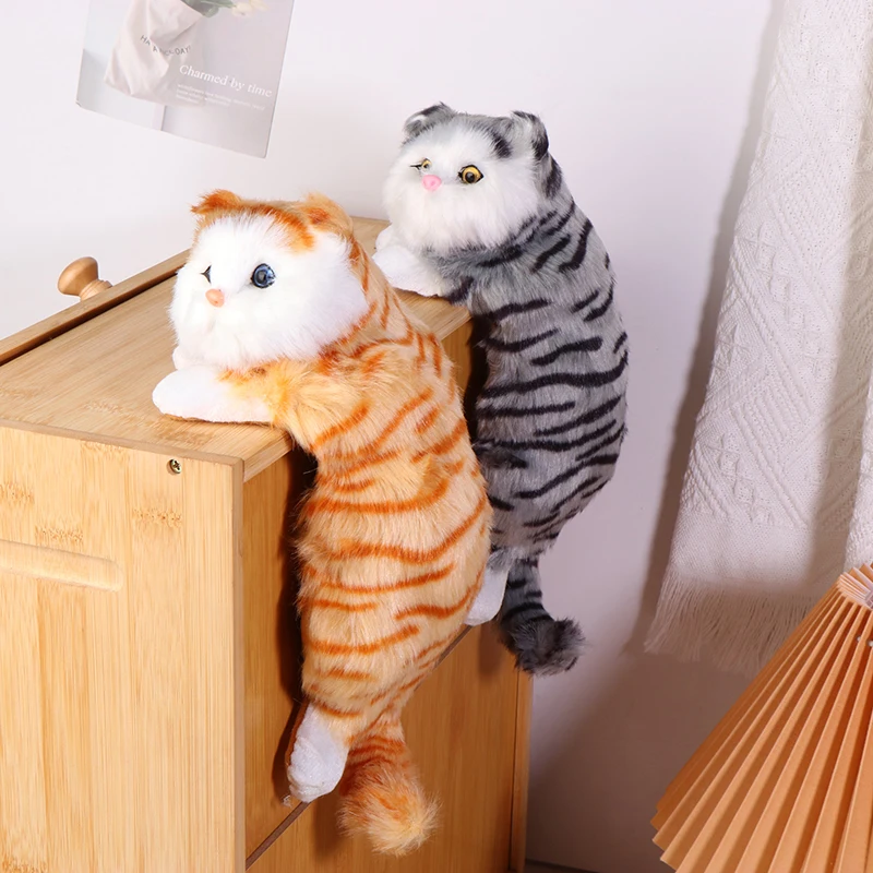 Realistic Furry Hanging Cat Simulation Plush Cat Doll Cabinet Hanging Cat Animal Figurines Model Plush Doll Ornament Home Decor