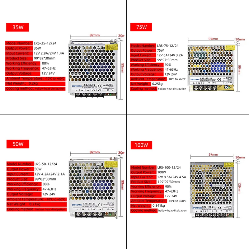 LRS Series Ultra-thin DC Switching Power Supply 35/50/75/100W 220V To 12/24V Short Circuit/overload/overvoltage Protection