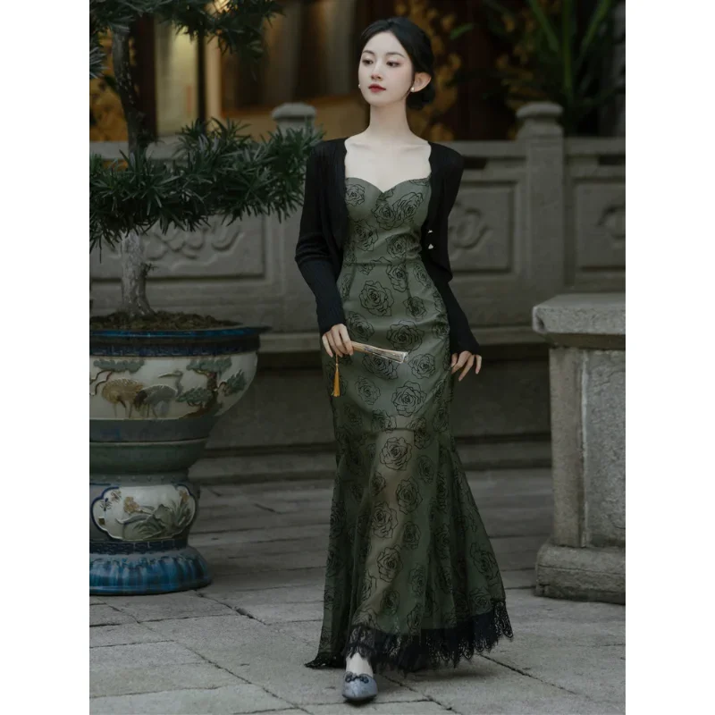 Vintage Dark Green Rose Suspender Dress with Coat Improved Chinese Style Cheongsam Female Summer Elegant Dance Clothing Qipao