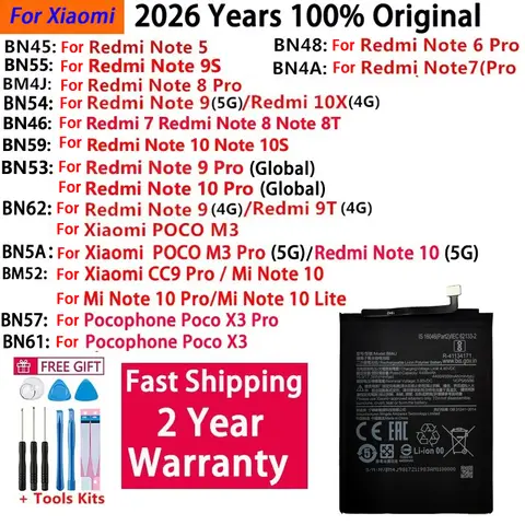 Bateria 100% original de alta qualidade para xiaomi redmi note 5 6 7 8 8t 9 9t 9s 10x 10 10s poco m3 x3 cc9 pro lite baterias