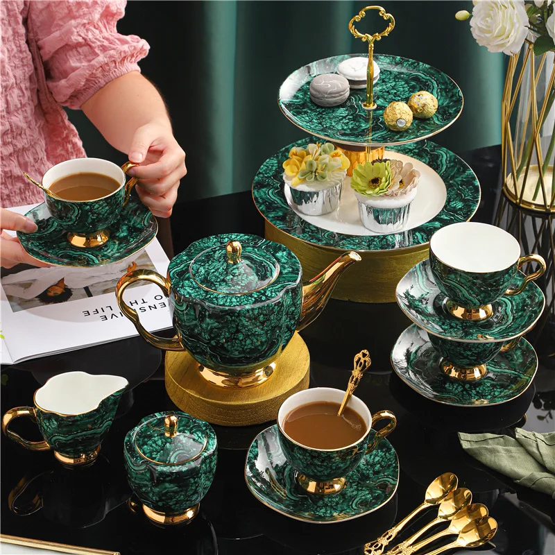 European Luxury Ceramic Coffee Set Sapphire Green with Gold Rim Includes Cup Saucer for Afternoon Tea Flower Tea Comes Gift Box 2