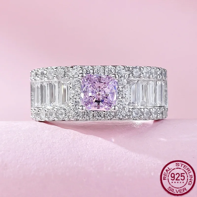 

New S925 pure silver 5 * 5mm imported high carbon diamond pink diamond fashionable luxury setting ring wedding jewelry