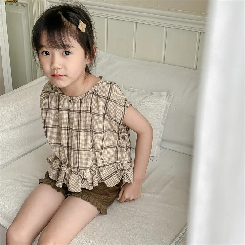 2024 Summer Kid Girl Sleeveless Plaid Shirts Cotton Children Ruffle Blouses Loose Baby Tops Fashion Toddler Casual Tees Clothes