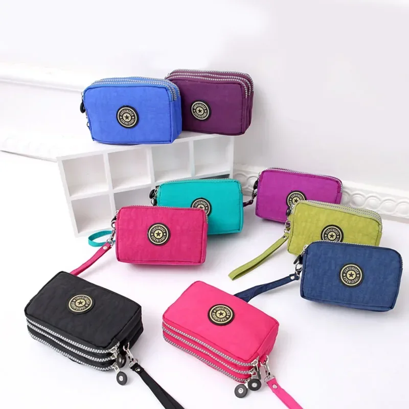 Women Three-layer Long Zipper Coin Money Pocket Purse Women's Handbag Wrist Mobile Phone Card Key Coin Bag Wallet Washable Cloth