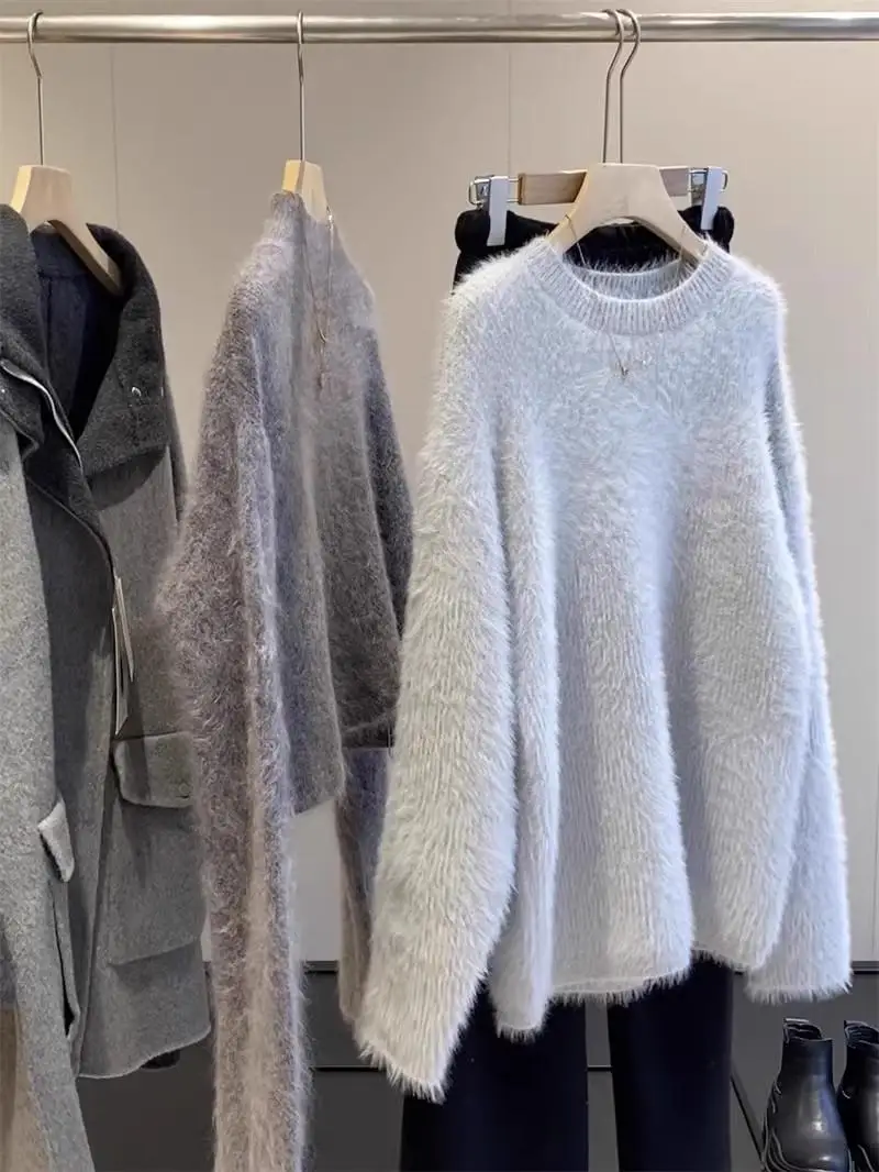 

Nordic Sle Soft Faux Mink Knitted Sweater Women's round Ne Pullover Autumn Winter New Arrival Comfortable Cozy Faion