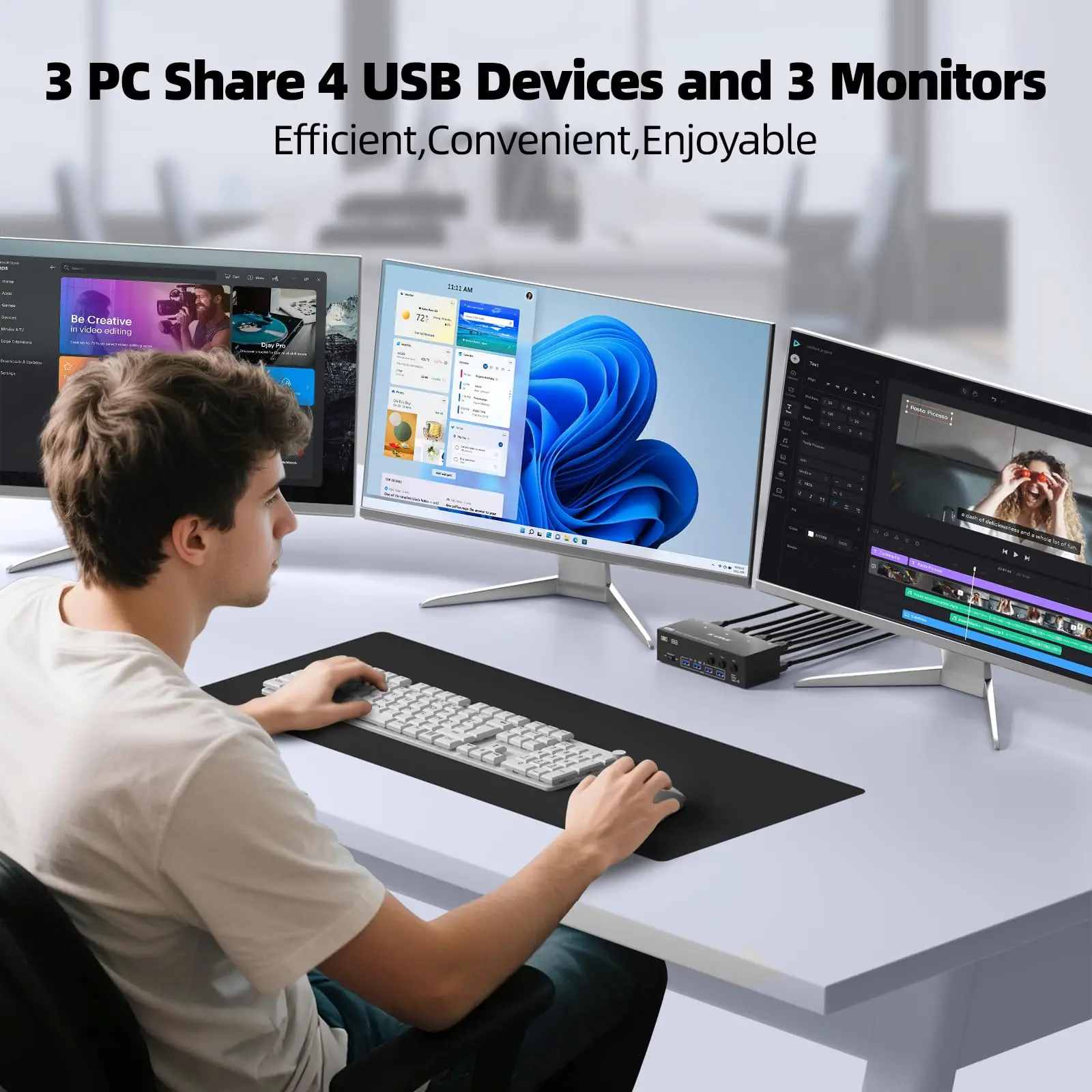 KCEVE KVM Switch 4/3/2 Computers 3 Monitors HDMI+DisplayPort USB 3.0 Switch 8K@30Hz/4k@144Hz Triple Monitor DP KVM for /23/4 PC