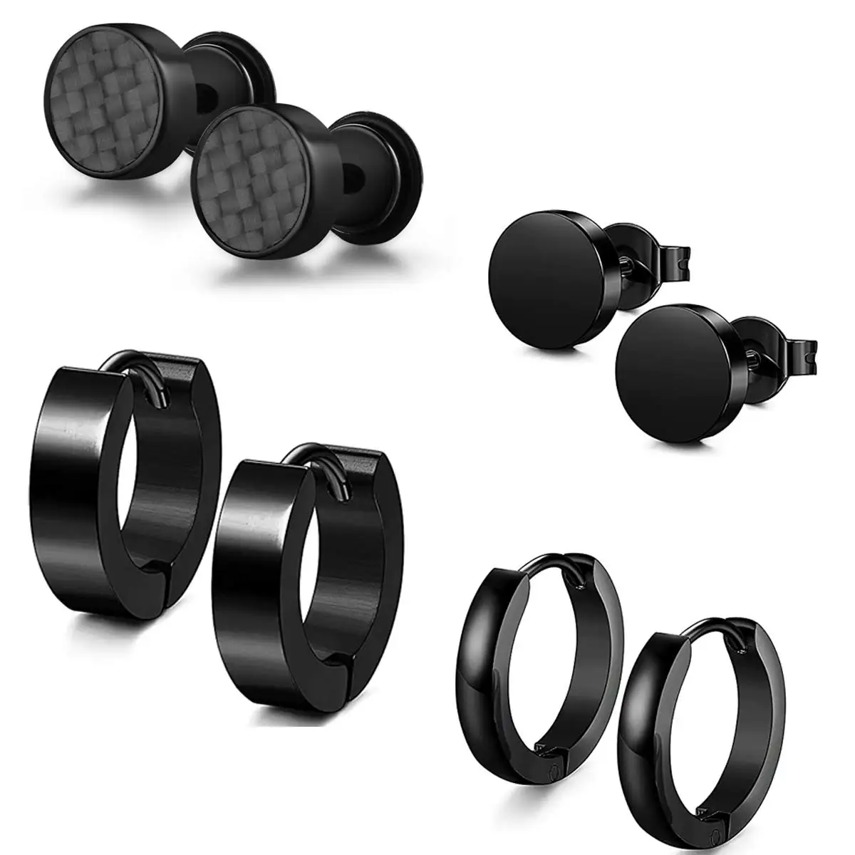 WKOUD 4 Pairs Mens Earrings Black Huggie Hoop- Stainless Steel Circle Piercing Earrings For Mens Women