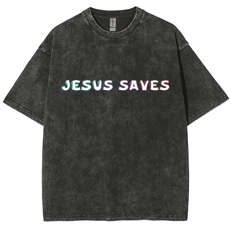 Jesus Saves Y2k Short Sleeves Washed T-Shirt, Creative Printed Unisex Vintage Streetwear New Fashion Casual Tops Plus Size