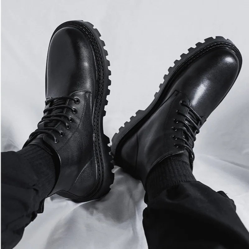 Men's Black High Top Leather Shoes Business Casual  Shoes Lace Up Round Toe Ankle Boots Non-slip Shoes Fashion Square Heel Shoe