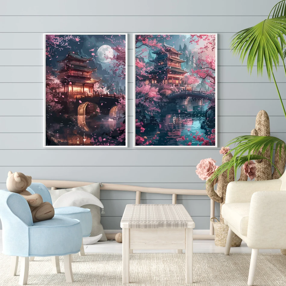 GATYZTORY Painting By Numbers Kit Peach Blossom Pavilion scenery acrylic paint by numbers diy Artwork on Canvas By Numbers