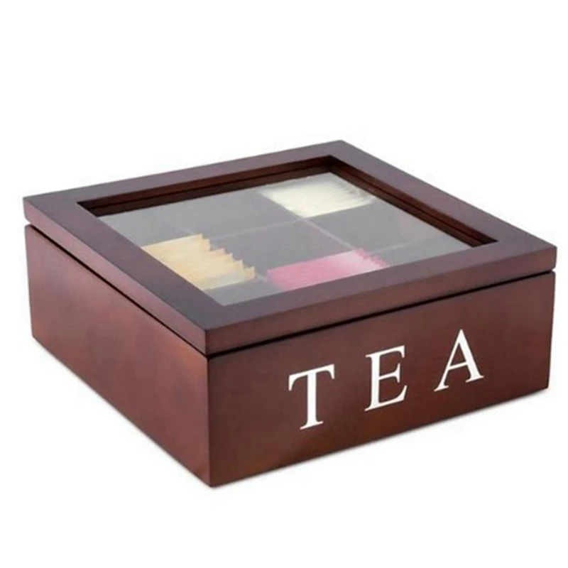 ABHU 2Pcs Wooden 9 Grids Tea Box Tea Bags Container Storage Box Transparent Top Lid Storage Box - Red Wine Color & Black