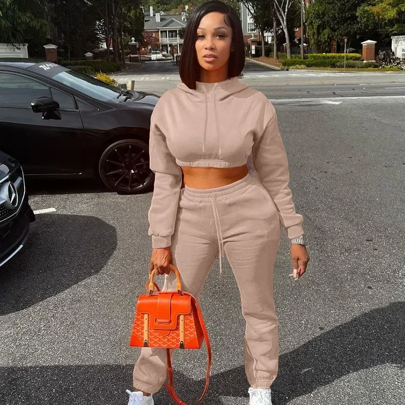 

Solid Casual Two Piece Set for Women Sportwear Fitness Workout Hooded Sweatshirt Top and Sweatpants Running Joggers Tracksuit
