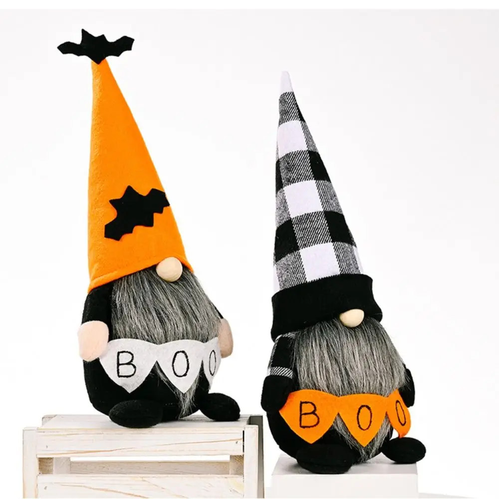 Long Beard Halloween Elf Dwarfs Dolls Boo Plaid Gingerbread Dwarf Dolls Bat Orange Hat Handmade Halloween Gnomes Decorations