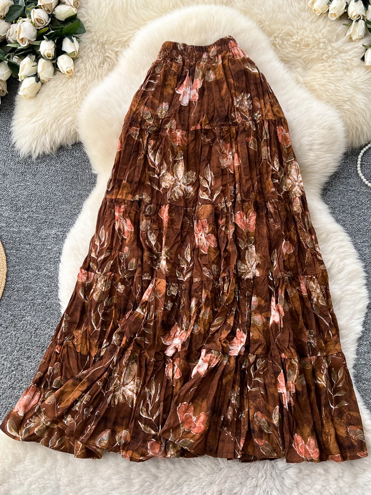 

Women Skirt Autumn Winter French Vintage Pleated Floral Flowers Print Elastic Waist A-line Long Faldas Female multi color SK076