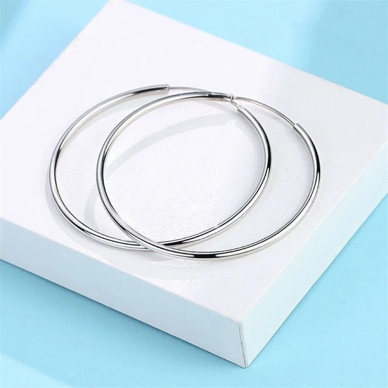 316L Edelstahl 3-7cm Minimalistische Große Kreis-Ohrringe für Damen Trendige Silberfarbene Metall-Glatte Runde Ohrringe Schmuck – Detail 4