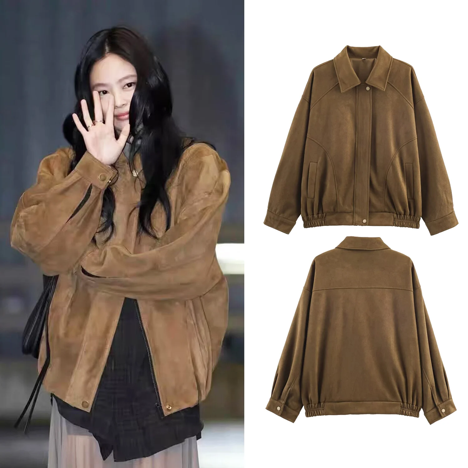 

Women Vintage Jacket Coat Autumn Winter Fashion Long Sleeve Zipper Turn-Down Collar Jackets Female High Street Coats