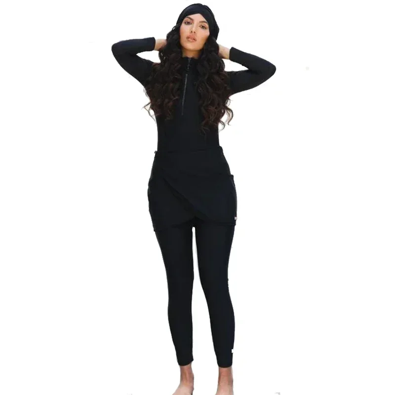2026 new Long sleeve solid black Muslim Swimwear Womens Muslim Swimsuit Burkini