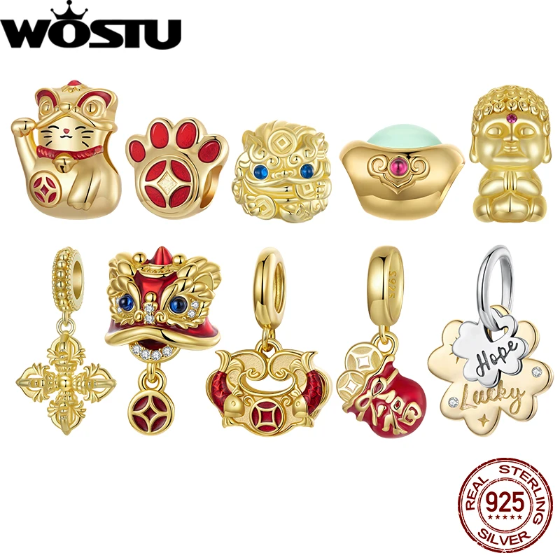 

WOSTU 925 Sterling Silver Awakening Lion Charm Blessing Lock Pendant 18K Gold Plate Fit for Women Bracelet DIY Fine Jewelry Gift