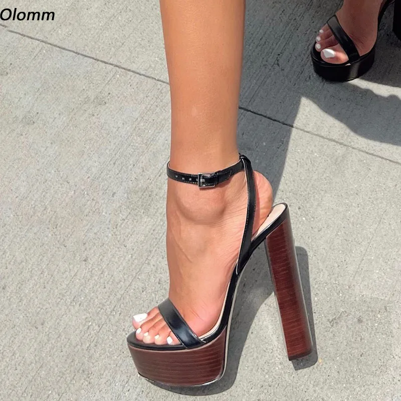 Olomm Real Photos Women Platform Sandals Ankle Strap Block High Heel Open Toe Elegant Black Party Shoes Ladies US Plus Size 5-20