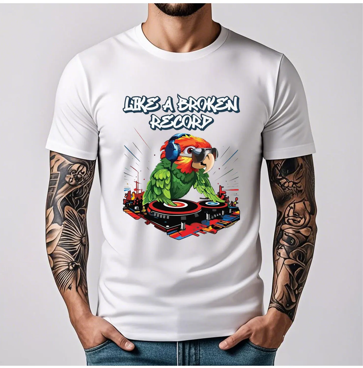 

Футболка с забавными животными DJ Parrot и графикой премиум-класса Broken Record Mix Table Wordplay Tee с двойным значением Мужская футболка в стиле ретро