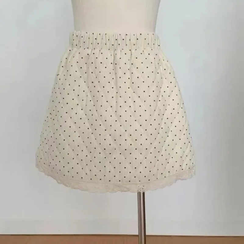 High Waist A-Line  Skirt Women's Chic Faion Dot Lace Trim Sweet Younging Effect Korean Sle Commute Friendly